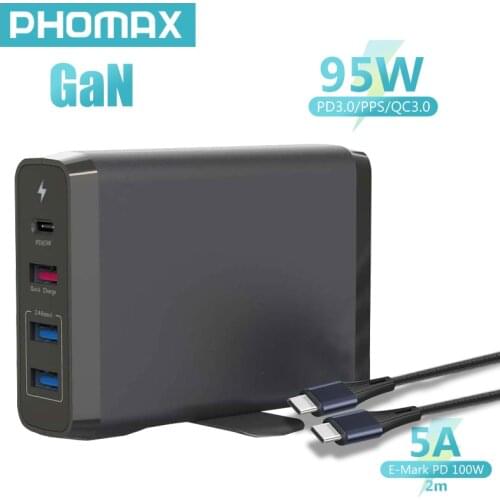 PHOMAX 95W EU/US/UK Power Adapter 4-Port PD/QC Fast Charger With 2 m Cable For Macbook Pro Xiaomi Laptop IPhone Samsung Tablets
