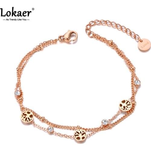 Lokaer Bohemia Double Layer CZ Crystal Tree Plant Charm Anklets For Women Titanium Steel Foot Link Chain Anklet Jewelry A21013