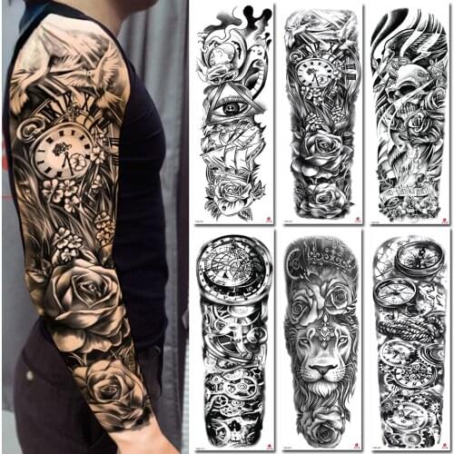 Large Arm Sleeve Tattoo Lion Clock Rose Waterproof Temporary Tatoo Sticker Owl Angel Tiger Men Full Skull Totem Tatto Body Art