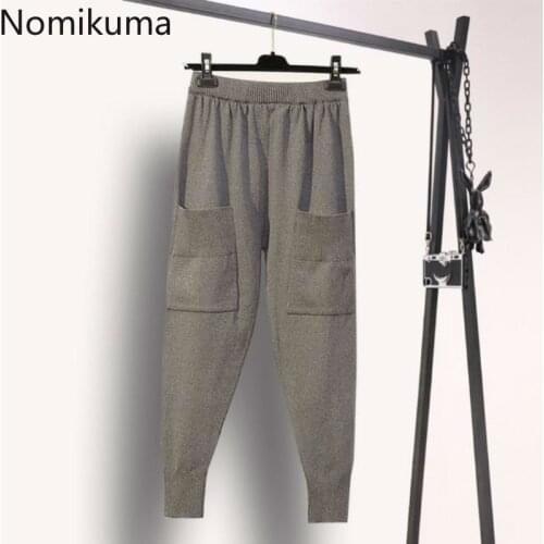 Nomikuma Double Pockets Women Knitting Harem Pants Autumn Winter Knitted Ankle Trousers Causal Solid Female Pant 2020 New 6B817