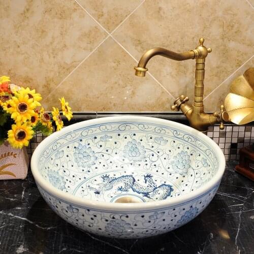 Europe style chinese washbasin sink Jingdezhen Art Counter Top ceramic bathroom sink tops bathroom sinks dragon blue and white