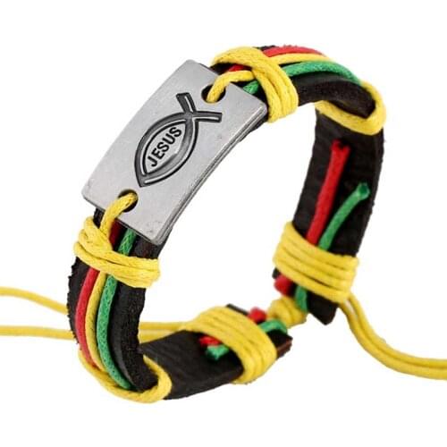 Christian Jewelry Handmade Unisex Wristband JESUS Fish Design Accessories Genuine Leather Bracelets Hemp Rope Braided Bangles