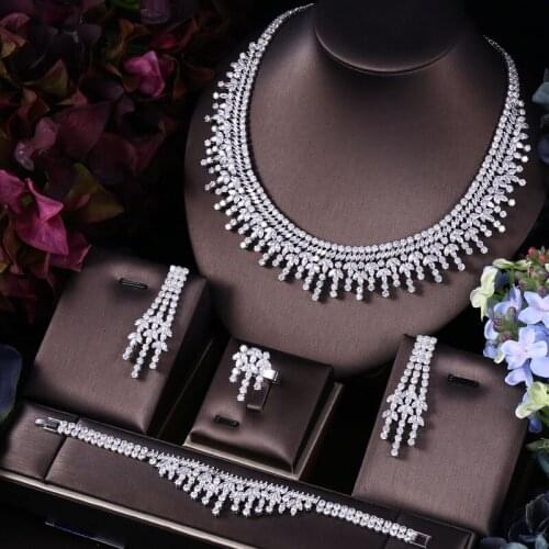 Janekelly 4pcs Bridal Zirconia Full Jewelry Sets For Women Party, Luxury Dubai Nigeria CZ Crystal Wedding Jewelry Sets