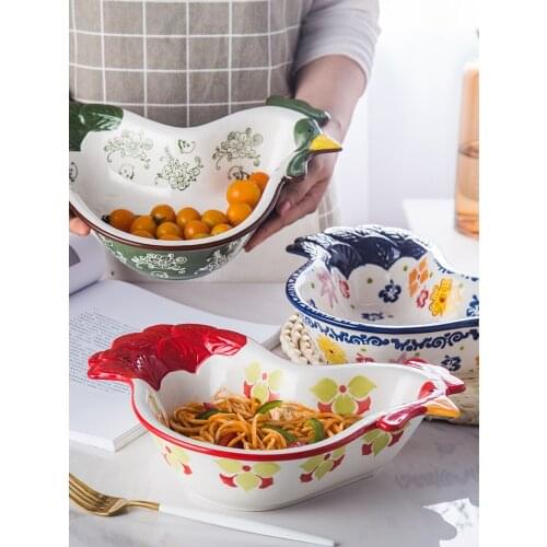 Ceramic Baking Pan Color Hand-painted Baking Bowl Cheese Baked Rice Plate Salad Bowl Creative Soup Plate Rooster Plate CL81911