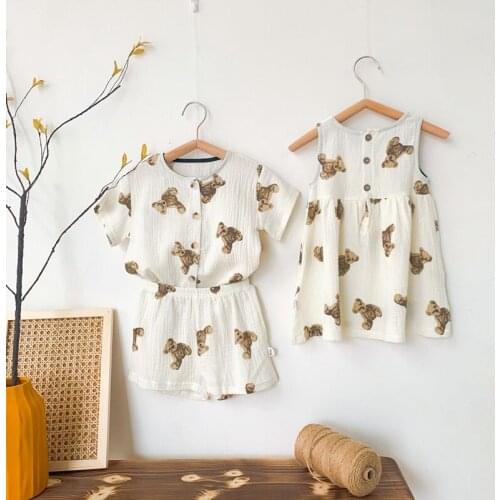 Wallarenear 0-3Y Summer Kids Brother Sister Suit Cartoon Bear Print Sundress/ Short-Sleeve Tops with Shorts