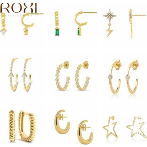 ROXI Copper C-shape Stud Earrings Star Lightning Piercing Earrings For Women Fine Jewelry Cartilage Aretes Huggie Stud Earrings