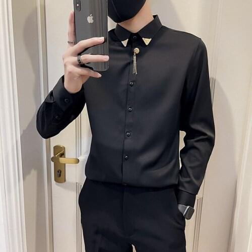 Individual Decoration Mens Shirt Long Sleeve Slim Streetwear Casual Shirts Social Party Tuxedo Nightclub Stage Men Clothing