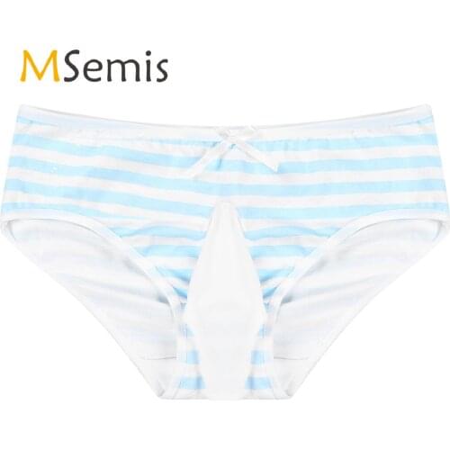 Sissy Lingerie for Mens Erotic Sexy See Through Underwear with Bowknot Low Waist Underpants Bulge Pouch Striped Briefs Panties