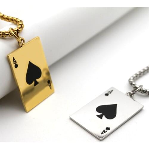 Lucky Ace Of Spades Men Statement Playing Card Poker Pendant Necklace Gold/Silver Color Stainless Steel Fashion Jewelry Gift
