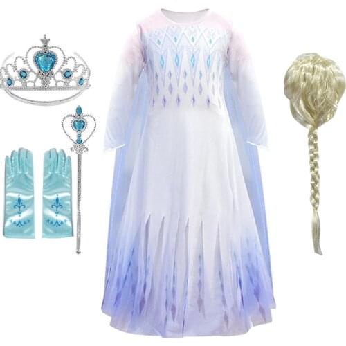 Elsa Princess Snow Queen White Girls Dress Child Christmas Cosplay Halloween Costume Elsa Wig Gowns Dress Up Kids Clothing