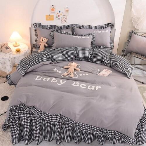 Gray Cute Sanding Cartoon Stereoscopic Toy Bear Girl Bedding Set Duvet Cover Lattice Bed Skirt Bed Sheet Pillowcase Childs Gift