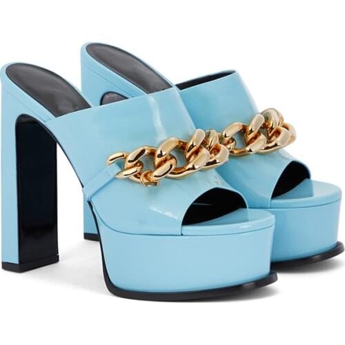 14CM High heels Sandals Metal chain Fashion Fishs Mouth Womens shoes Summer New Patent leather Black Blue Beige Big size