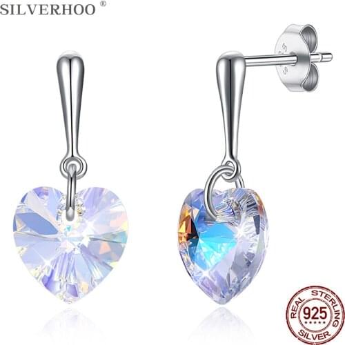 SILVERHOO 925 Sterling Silver Drop Earrings For Women Heart-shaped Austria Crystal Party Earrings Simple Gift New Arrivals