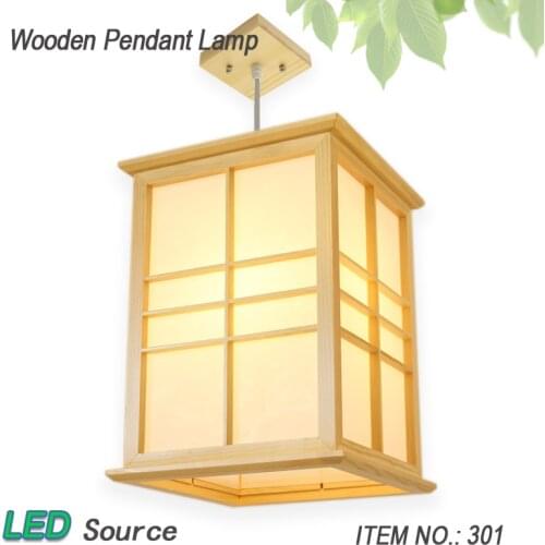 Japanese Tatami Style Square LED Solid Wood Pendant Lamp with Pinus Sylvestris Lampshade No.301 for Balcony Foyer Aisle