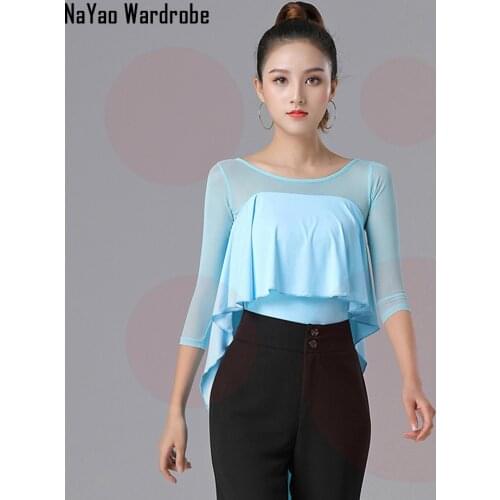 2021 New SS084 Women Latin Dance T Shirt Lotus Bust Band Back Latin Dancing Tops for Samba Tango Chacha Belly Performamnce