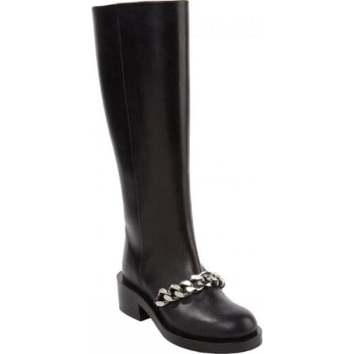 Women Round Toe Low Heel Motorcycle Boots Front Chains Autumn Black Dress Shoes Vintage Chain Embellished Knee High Boots