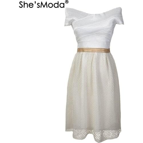 ShesModa Mesh Bandage Wrapped Chest Slash Neck Womens Elegant Party Knee-Length Dress