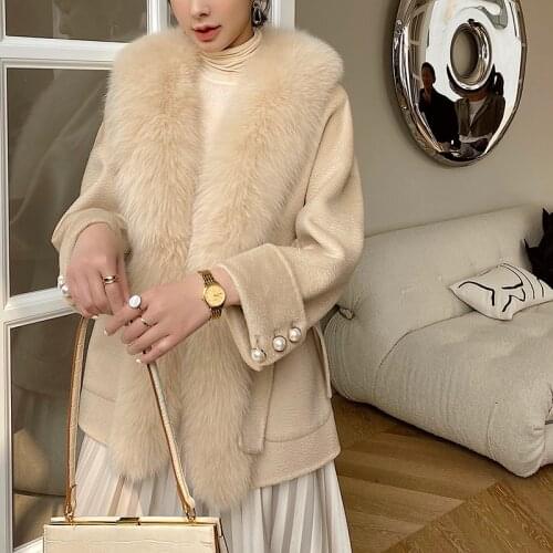 Women Winter Coats 2021 Real Cashmere Jacket with Natural Fox fur collar Stylish Girls Overwear femme