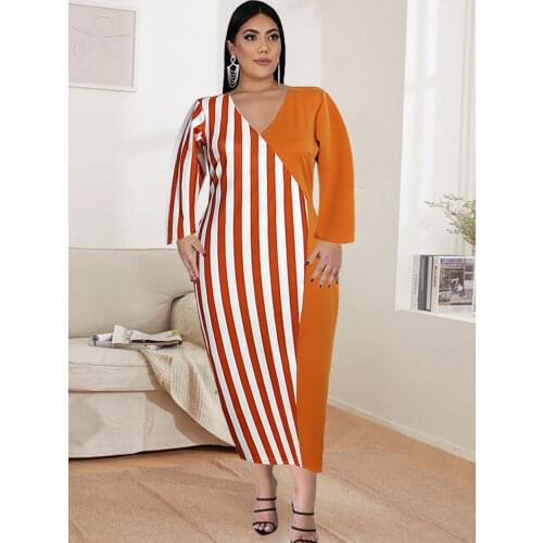 Midi Dresses Women Plus Size Three Quarter Sleeves Khaki Striped Bodycon Office Lady Dinner Party High Waist Vintage Dress 2021