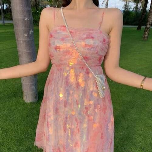 2021 Summer Women Rainbow Sequined Mini Party Dress Backless Sexy Printed Mesh Sundress Sleeveless Pink Holiday Feminine Dress