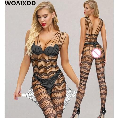 Female Sexy Lingerie Erotic Porn Fishnet BodyStocking Seamless Open Crotch Striped Nightwear Porno Costume Women Bodysuit Outfit