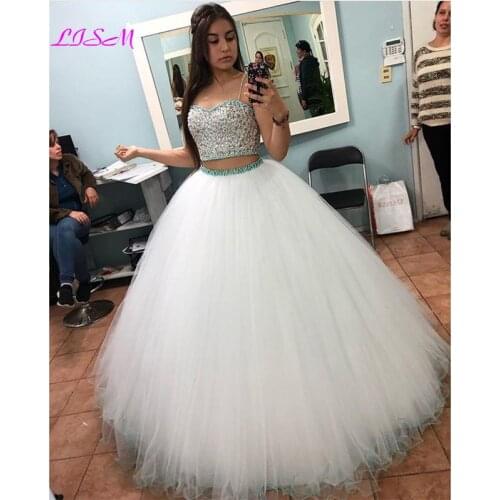 Two Pieces Ball Gown Quinceanera Dress Sexy Spaghetti Straps Crystal Beaded Plus Size Girls Sweet 16 Dresses Tulle 15 Years Gown