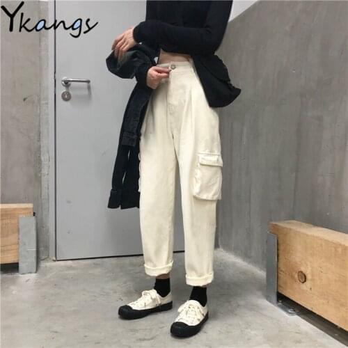 Black White Korean Cargo Pants Plus Size Elastic High Waist Slim Jeans Students Pants Elastic Loose Harajuku Streetwear Pants