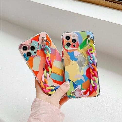 Graffiti color block Bracelet Phone Case for iphone 12 11 pro max X XS XR 7 8 Plus SE 2020 Chain Shockproof Soft TPU Back Cover