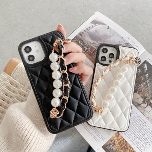 For iPhone 12 Pro Max Case 12 Mini 11 Pro Xs Max Xr X 10 8 7 Plus Lattice Grid PU Leather Cover with Pearl Chain for Women