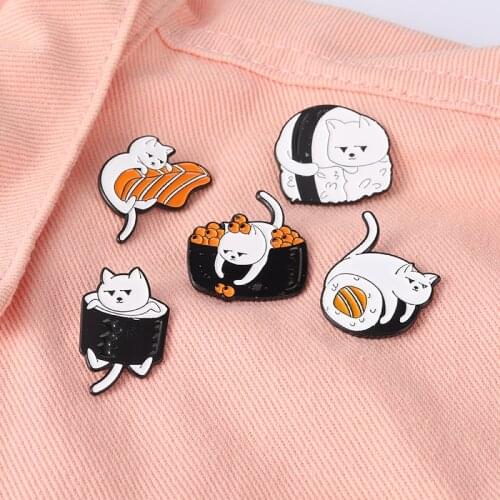 Cartoon Cute Animal Cat Enamel Brooch Sushi Modeling Salmon Kitten Alloy Pins Punk Badge Accessories Woman Jewelry Gift