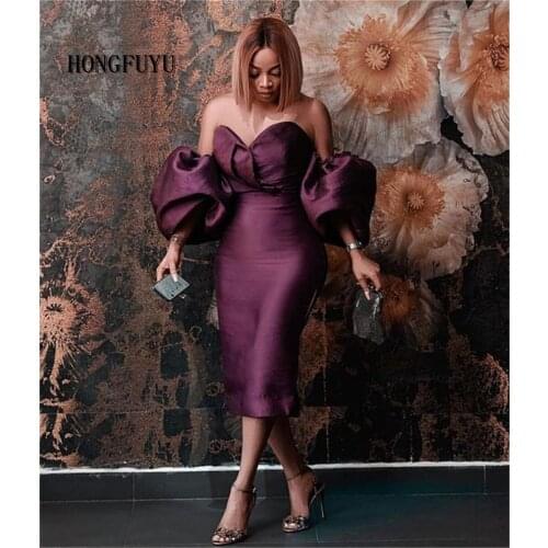 HONGFUYU Vintage Tea-length Prom Dresses purple Satin Party Dress with Pockets Short Sleeve Cocktail Gown