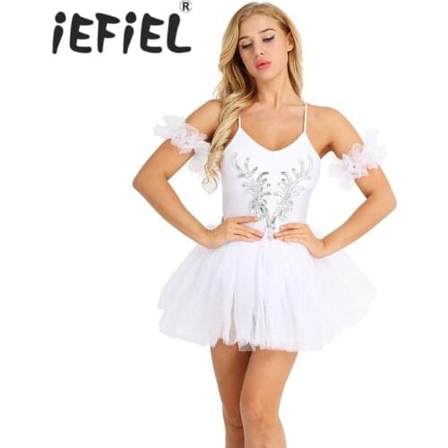 IEFiEL Adults Women Ballet Tutu Rehearsal Practice Dancing Costumes for Women Stage Performance Dress White Ballet Dancewear