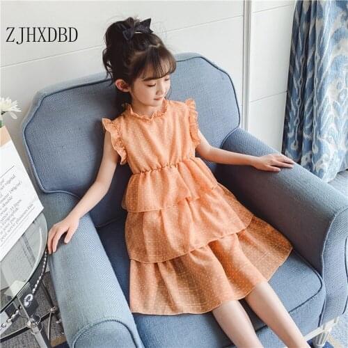 Girls' Summer Dresses 2020 Orangepetal Sleeve Solid O-neck Girl Princess Dress Fashionable Wave Childrens Net Cotton Dresses