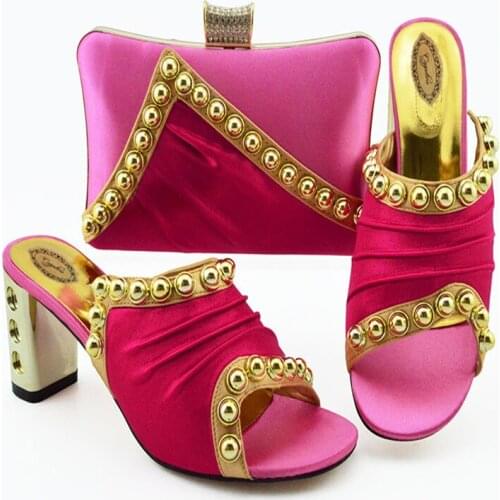 Fashion African Fuchsia Color Shoes And Bag Sets For Party New Italian Style Decorated With Bead Shoes And Matching Bag Set