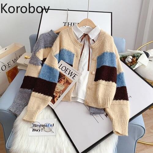 Korobov 2021 New Preppy Style Cardigans Korean Single Breasted Striped Cardigan Sweaters Autumn Vintage Cropped Sweater