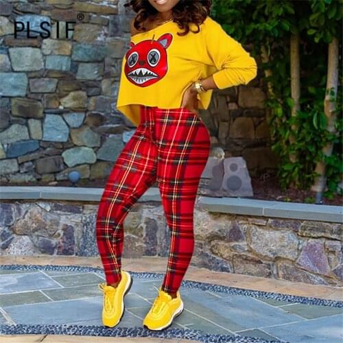 New fashion yellow cute cartoon print yellow long sleeve crop top and pants 2 pieces set casual lady fashion outfits