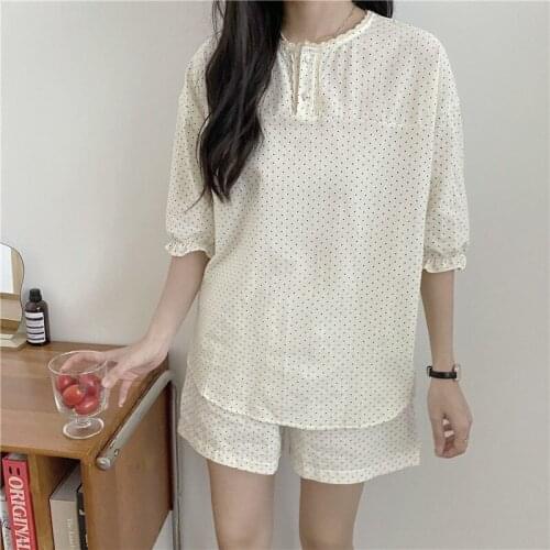 New Vintage Polka Dot Pajamas Set Womens Set Homewear Summer Sleepwear Home Suit Loose Cotton Pullover Shorts Short Sleeve