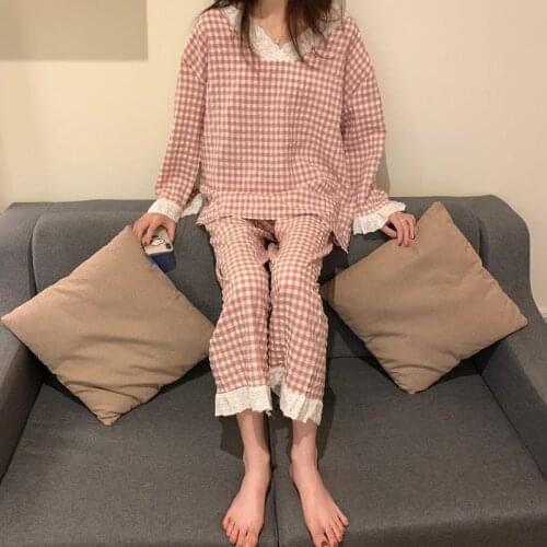 Pure Cotton Plaid Suit Female Cute Student Pajamas Long-sleeved Trousers Lace V-neck Home Service