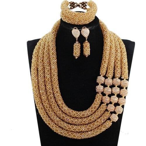 Luxury 4 Layers Champagne Gold Nigerian Wedding African Beads Jewelry Sets 23 inches Crystal Bridal Statement Necklace Set WE172