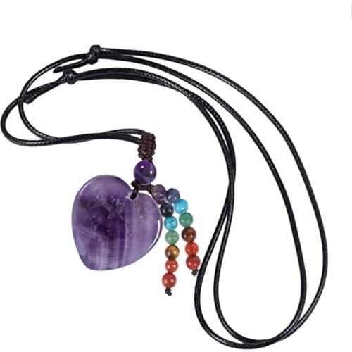 Handmade Weave Love Heart Natural Purple Amethysts Stone Pendant Rope Chain Necklace with Colorful Beads Jewelry
