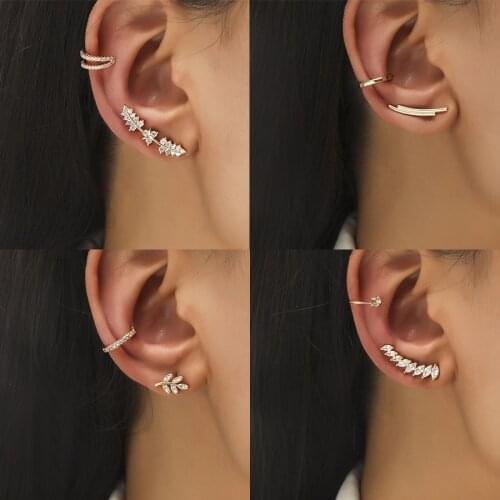 Golden C-shaped Leaves Stud Earrings For Women Geometric Simple Fake Cartilage Zircon Ear Cuff Earrings Set Jewelry Accessories