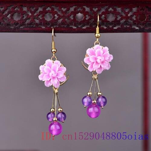 Purple Jade Flower Earrings Fashion Crystal Zircon Gemstone Gifts Chalcedony Women Natural Charm 925 Silver Jewelry Amulet