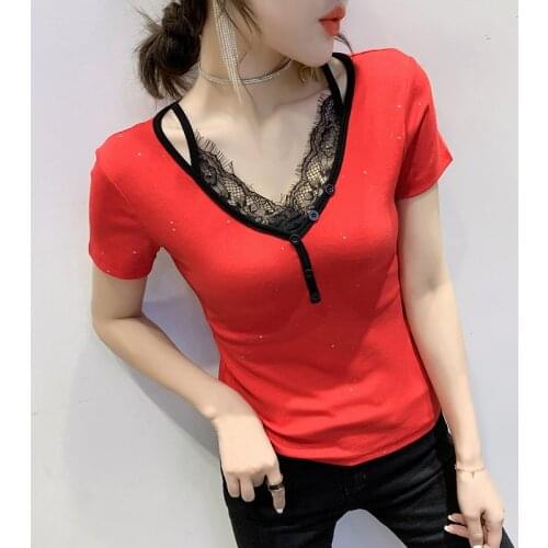 2021summer Casual T-shirt Lace stitching hollow Short sleeve V-neck Top Women T Shirt Plus Size