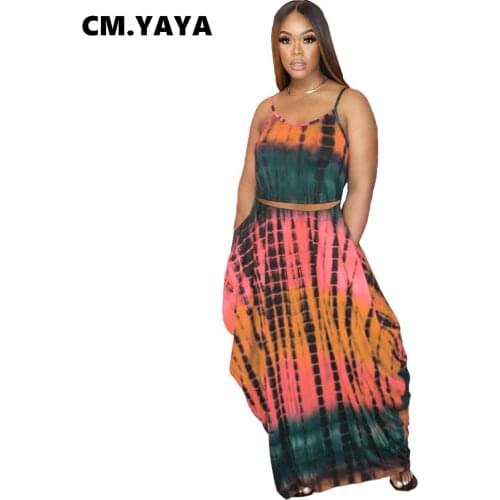 CM.YAYA Women Set Print Spaghetti Strap Crop Tops High Waist Pockets Loose Floor Length Skirts 2 Piece Set Female Fashion Outfit