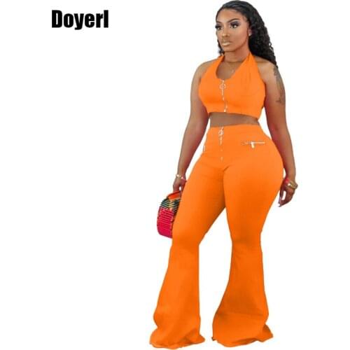 Summer Sexy Two Piece Set Women Suits Festival Clothing Halter Crop Tops and Flare Pants Set Bodycon 2 Piece Outfits for Women