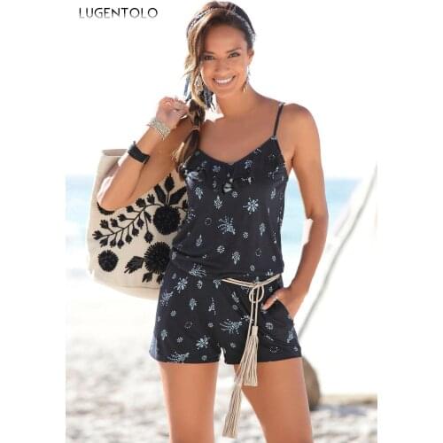 Women Summer Playsuits Beach Sleeveless V-neck Sexy Backless Straight Romper Female Casaul Print Street Thin Playsuit Lugentolo