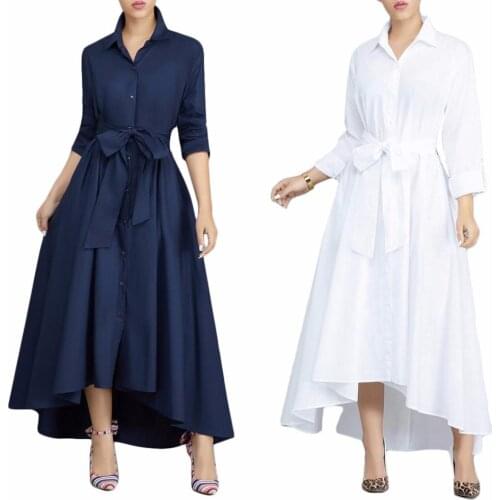 Autumn Women White/Blue Long Shirt Dress Turn Down Collar Long Sleeve Elastic Waist Maxi Party Dresses Office Lady Work Wear