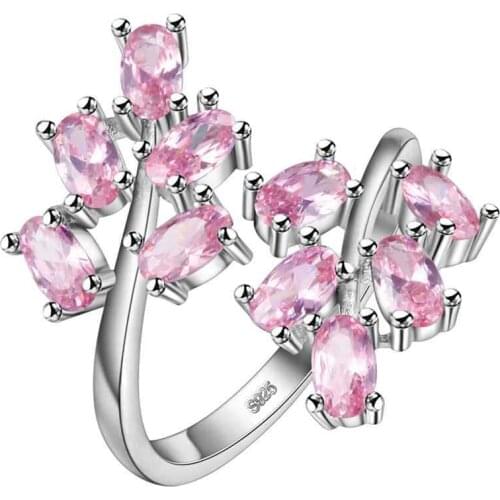 Hainon Pink Flower Adjustable Rings for Women Silver Color Big Ring with Red Zircon Stones Jewelry Ring Gifts