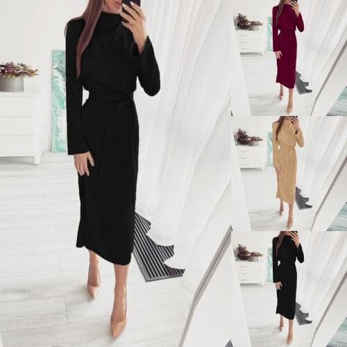 Womens Autumn Solid Half High Collar Long Sleeve A-Line Maxi Dresses With Belt Elegant Fashion Female Casual Dress vestidos