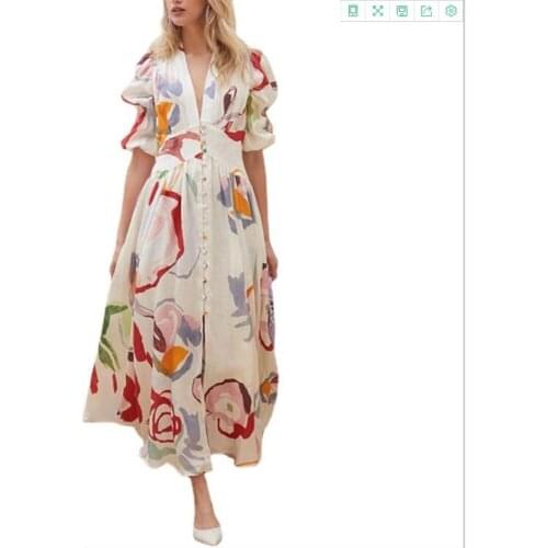 Women Vintage Notched Collar Puff Sleeve Long Dress Single Breasted Floral Print Attire New Spring Autumn Printed Beach Dress